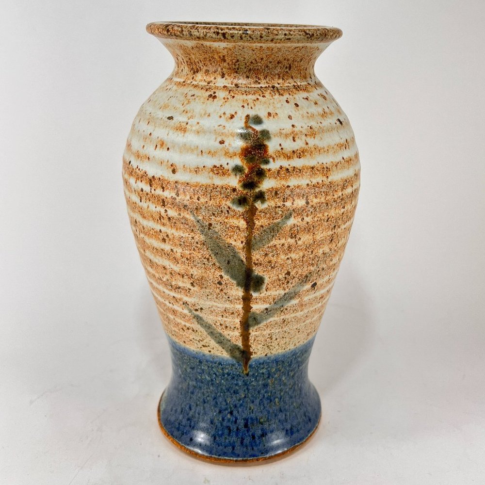 Vtg Herbert Cohen Stoneware Vase Studio Art Rust Speckled Blue Signed 80s